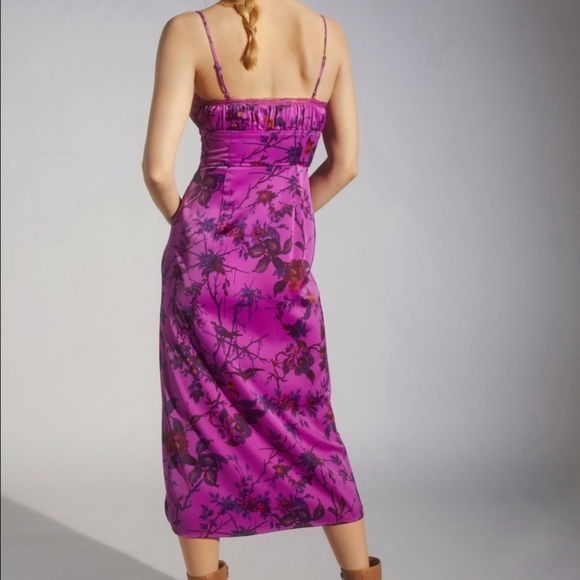 UO Purple Magenta Floral Tropical Print Satin Midi Side Slit Slip Dress - Picture 2 of 16